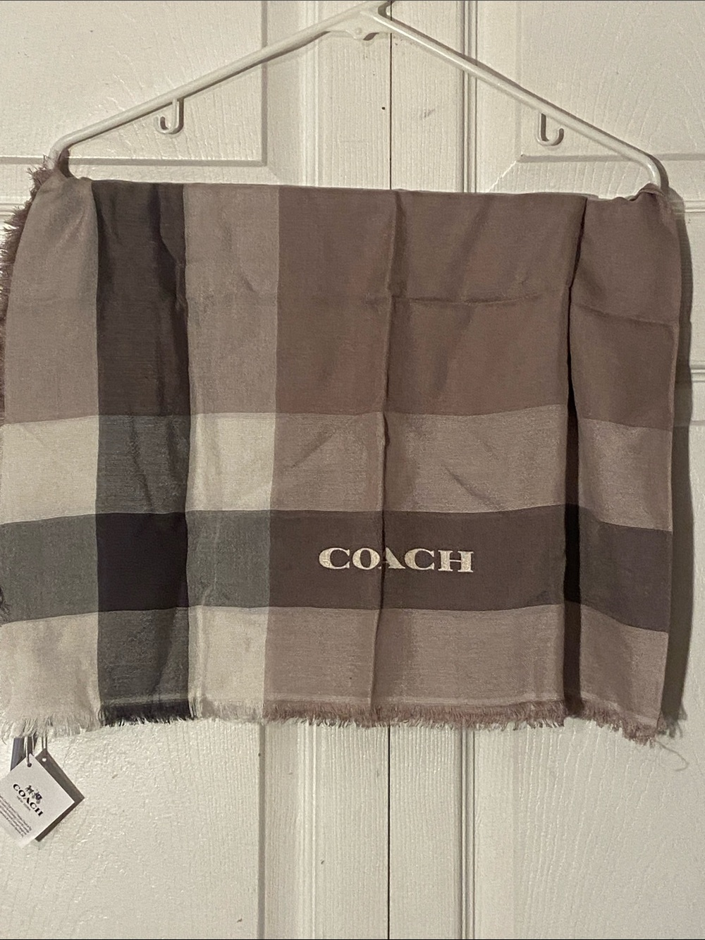 Coach Square 44” Neutral Plaid Scarf in Taupe and Cream Stripes NWT RP $175